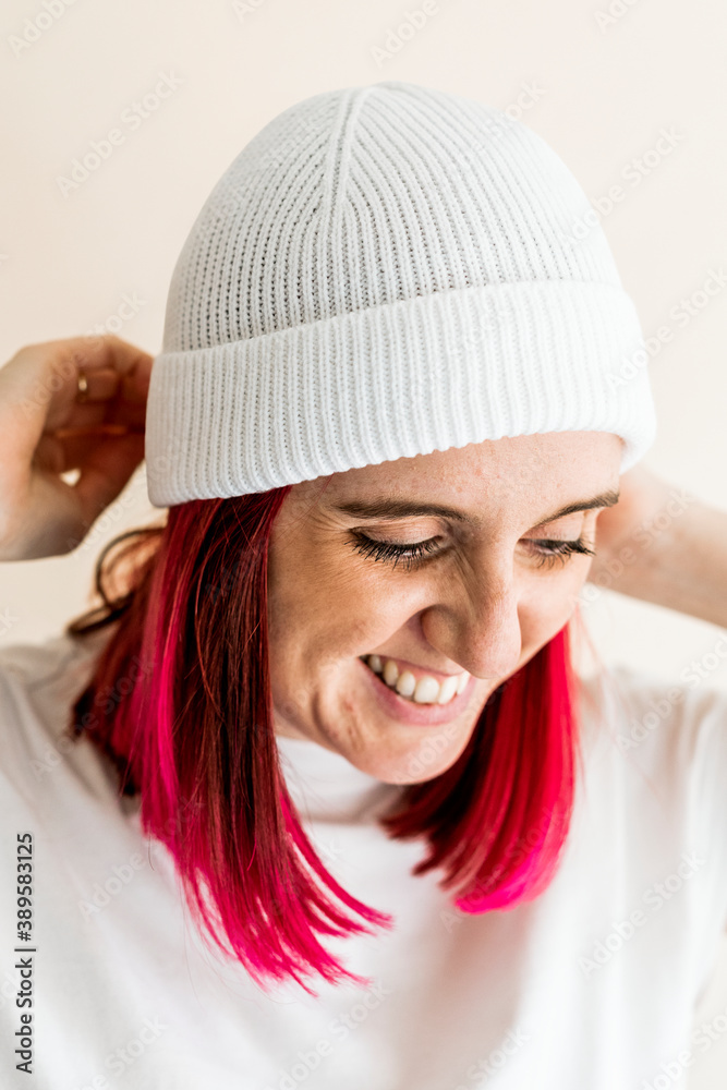 Woman in a white woolen hat apparel mockup