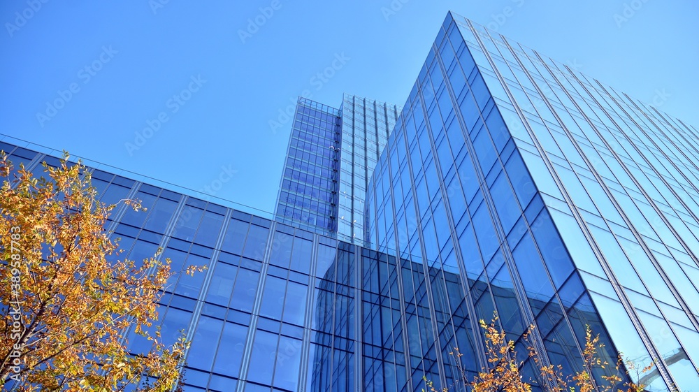 Blue curtain wall made of toned glass and steel constructions under blue sky. A fragment of a buildi