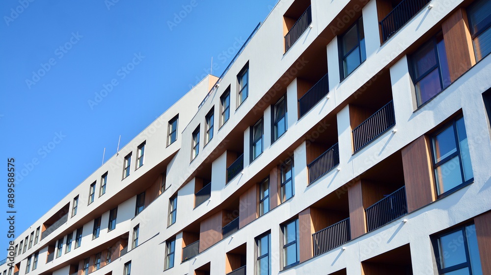 Modern and new apartment building. Multistoried modern, new and stylish living block of flats. Facad