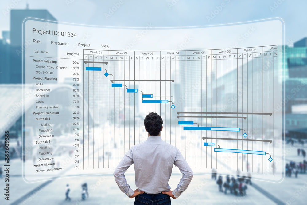 Project manager working with Gantt chart planning schedule, tracking milestones and deliverables and