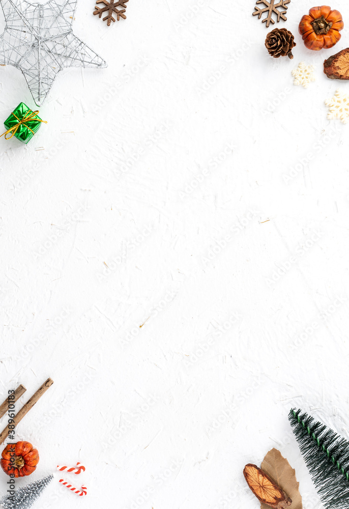 Top view of Christmas holiday background. Composition of festive ornament decor flatlay.