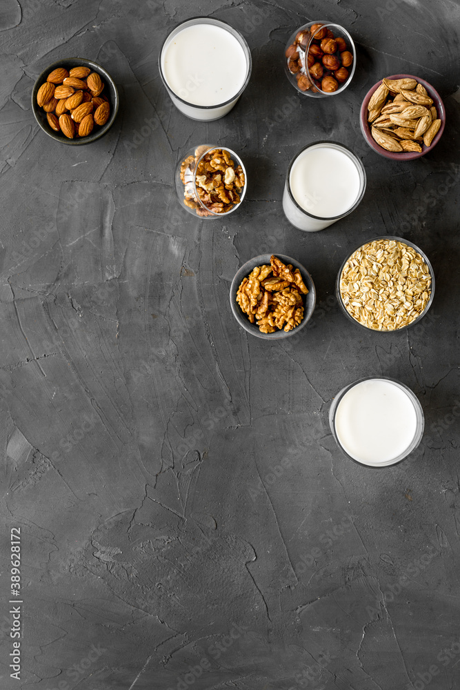 Vegan non-diary milk. Alternative types of milk with nuts and oat