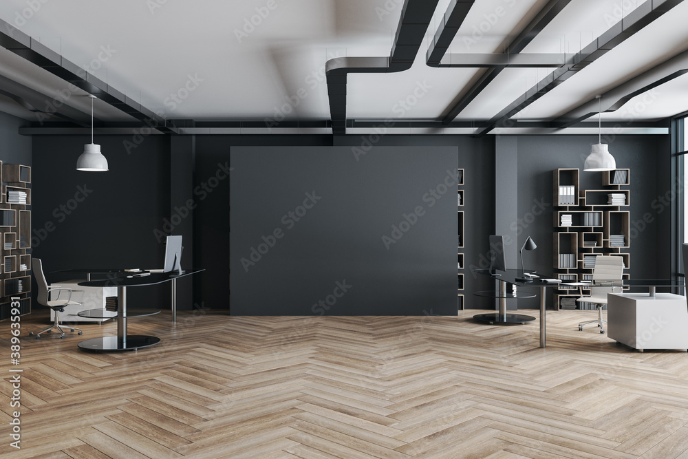 Contemporary office room with empty black wall