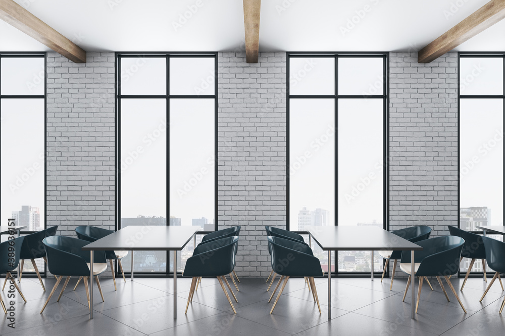 Modern cafe interior with panoramic city view