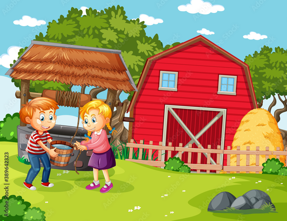 Happy family in farm scene in cartoon style