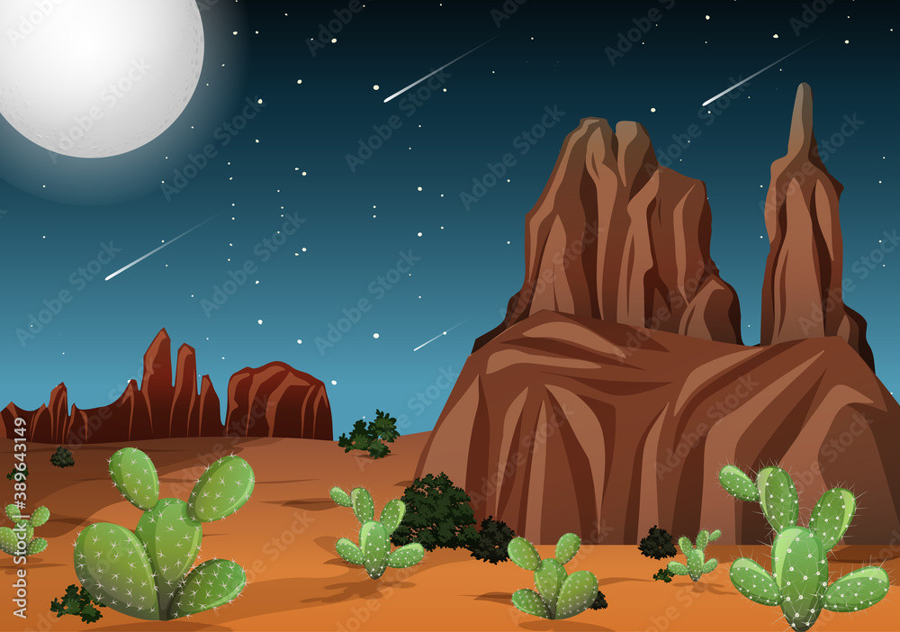 Desert with rock mountains and cactus landscape at night scene