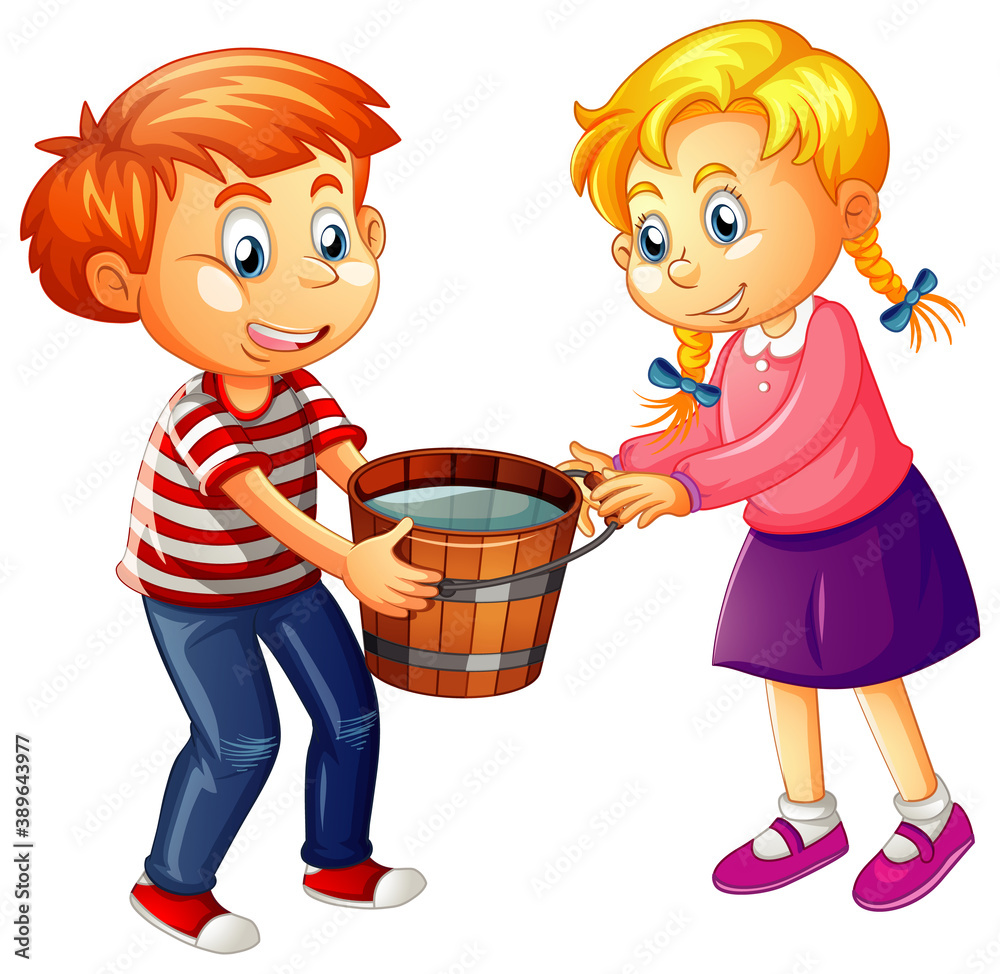 Boy and girl holding a wooden bucket full of water on white background