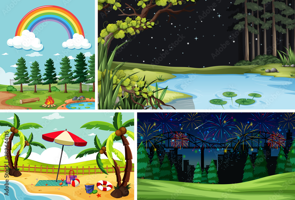 Four different scenes in nature setting cartoon style