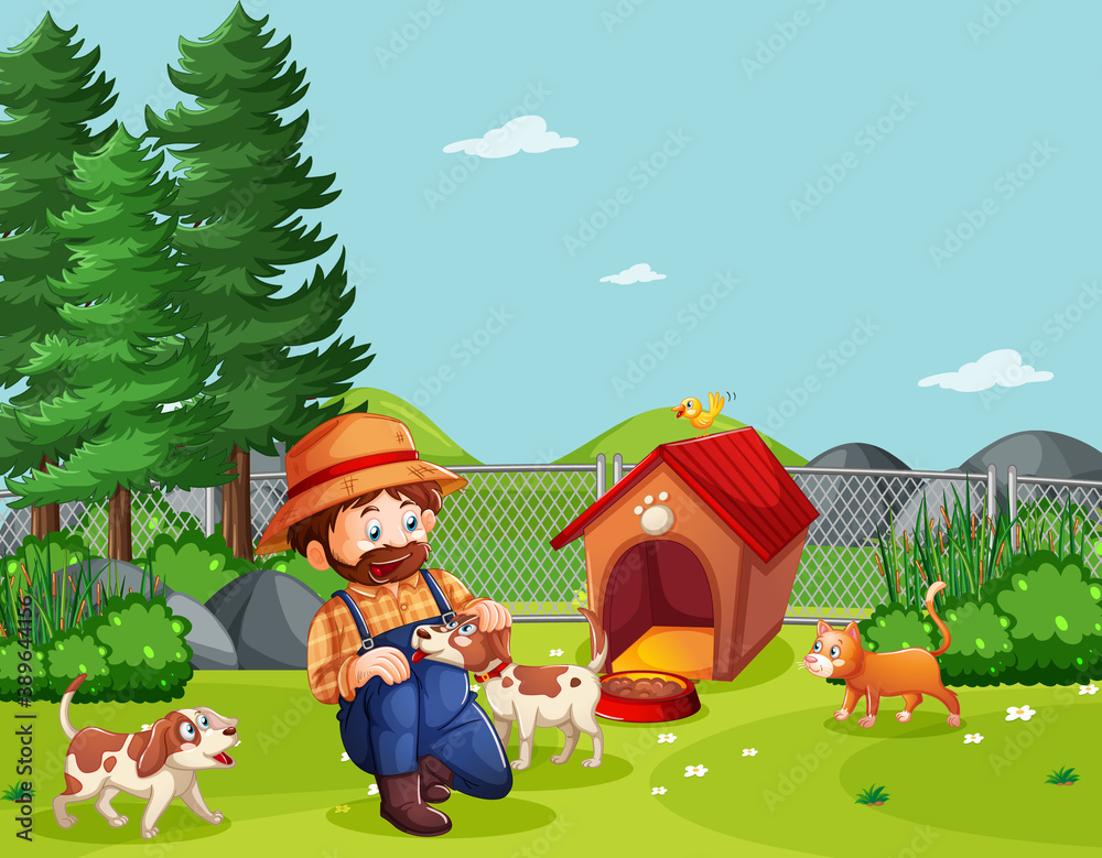 Farmer with animal farm in farm scene in cartoon style