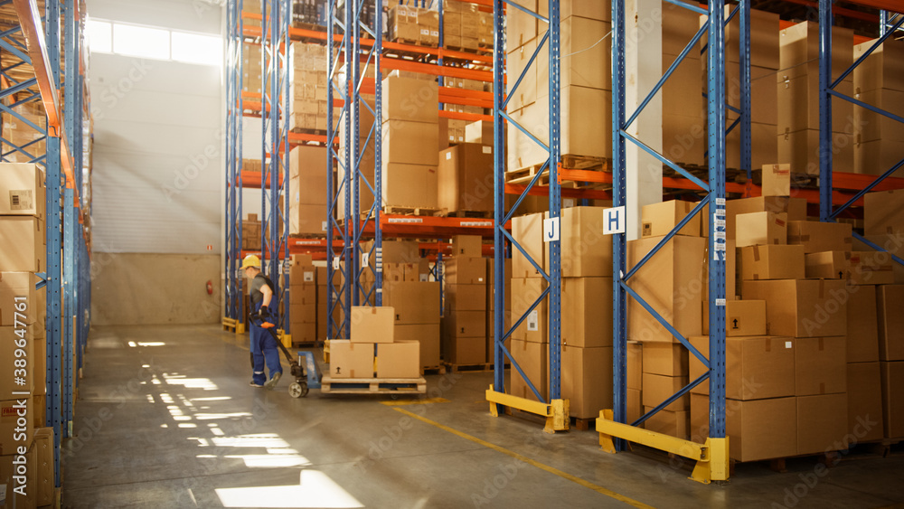 Worker Moves Cardboard Boxes using Manual Pallet Truck, Walking between Rows of Shelves with Goods i