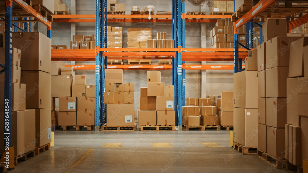 Gigantic Sunny Retail Warehouse full of Shelves with Goods in Cardboard Boxes. Logistics and Distrib