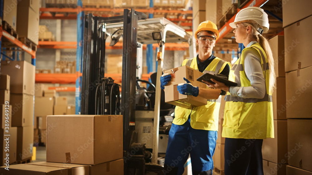 In Warehouse Manager Uses Digital Tablet and Scans Cardboard Boxes for Inventory, Talks with Forklif