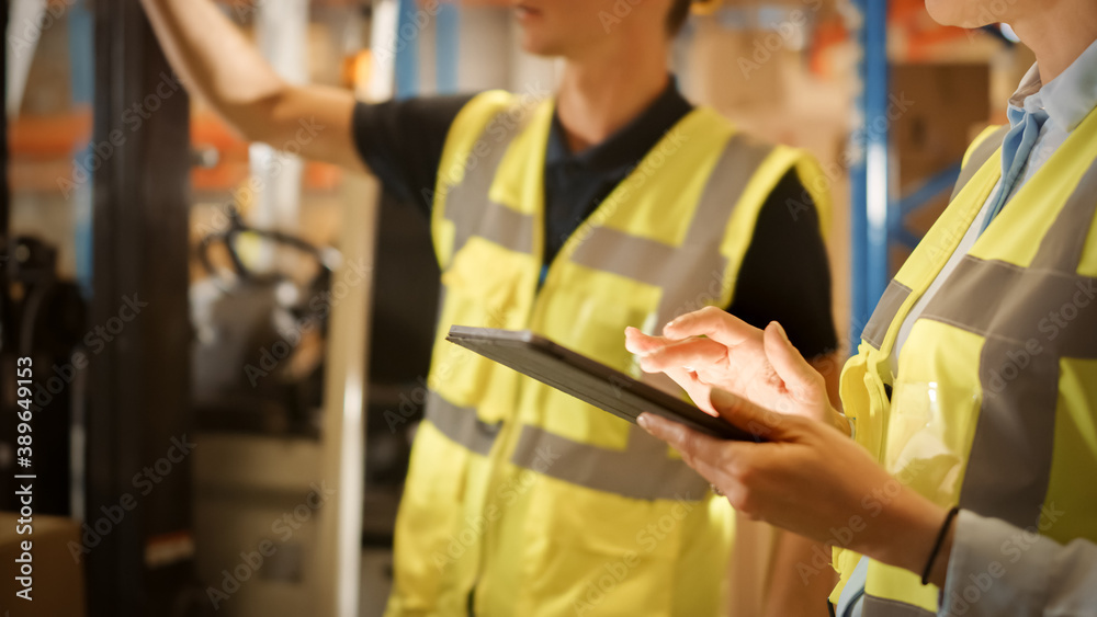 In Warehouse Manager Uses Digital Tablet and Talks with Forklift Driver about Package Delivery. Work