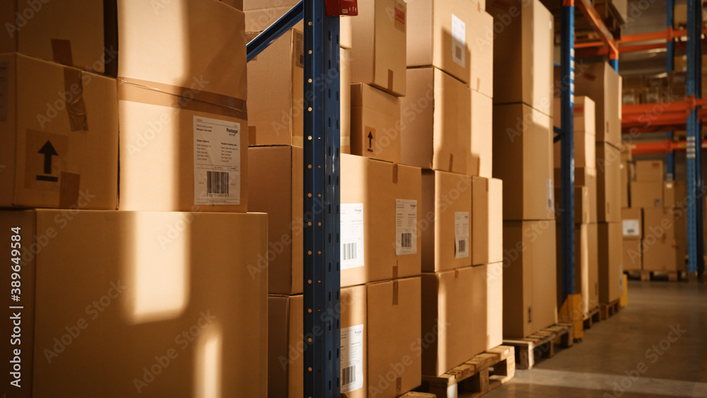 In Big Retail Warehouse Moving Sunlight Illuminates Shelves with Cardboard Boxes. Logistics, Distrib