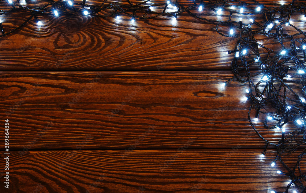 Christmas  background - vintage planked wood with lights