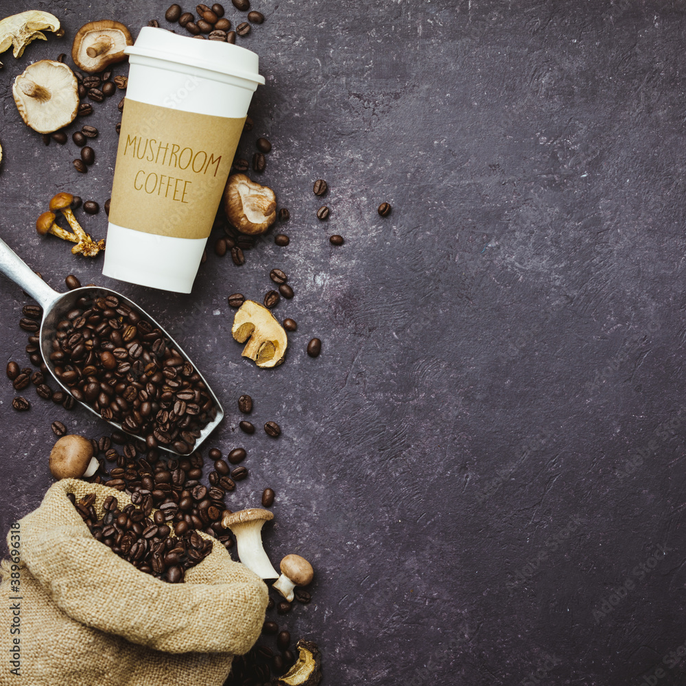 Mushroom Chaga Coffee Superfood Trend-dry and fresh mushrooms and coffee beans on dark background