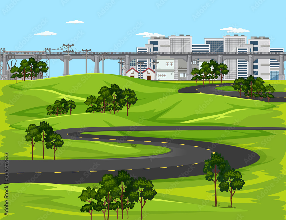 Long road in city with nature landscape scene