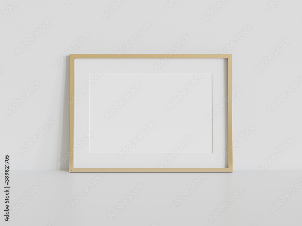 Golden frame leaning on white floor in interior mockup. Template of a picture framed on a wall 3D re