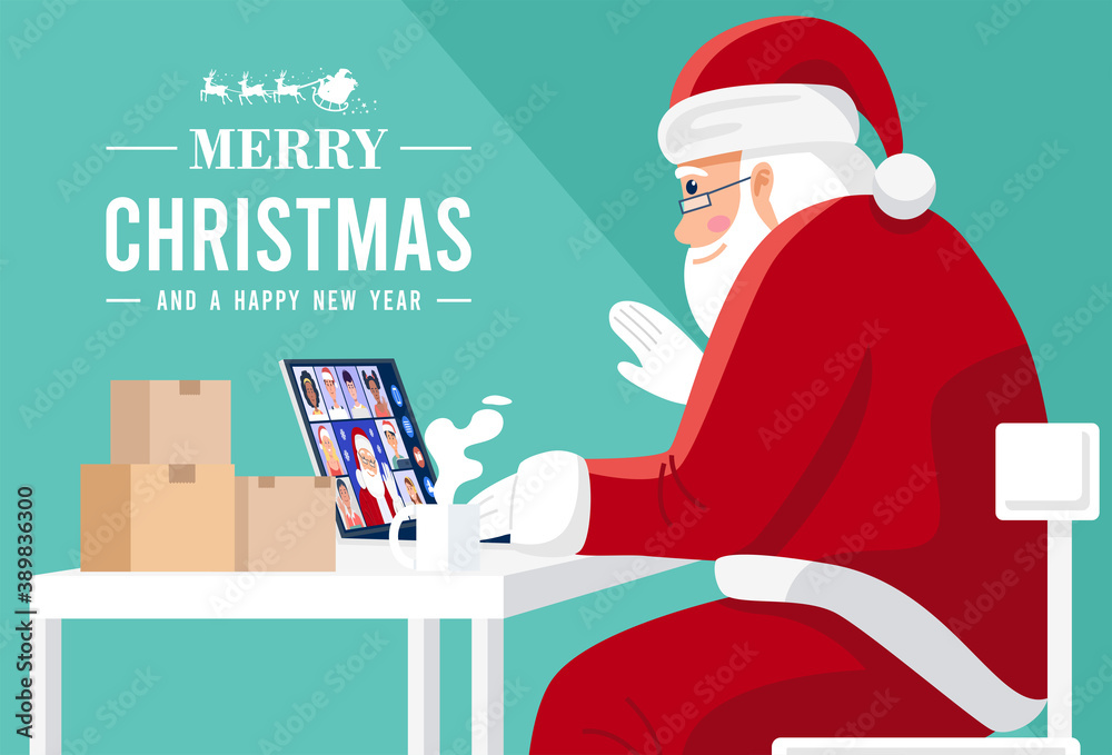 Santa Claus having video conference on computer with children at home. Vector