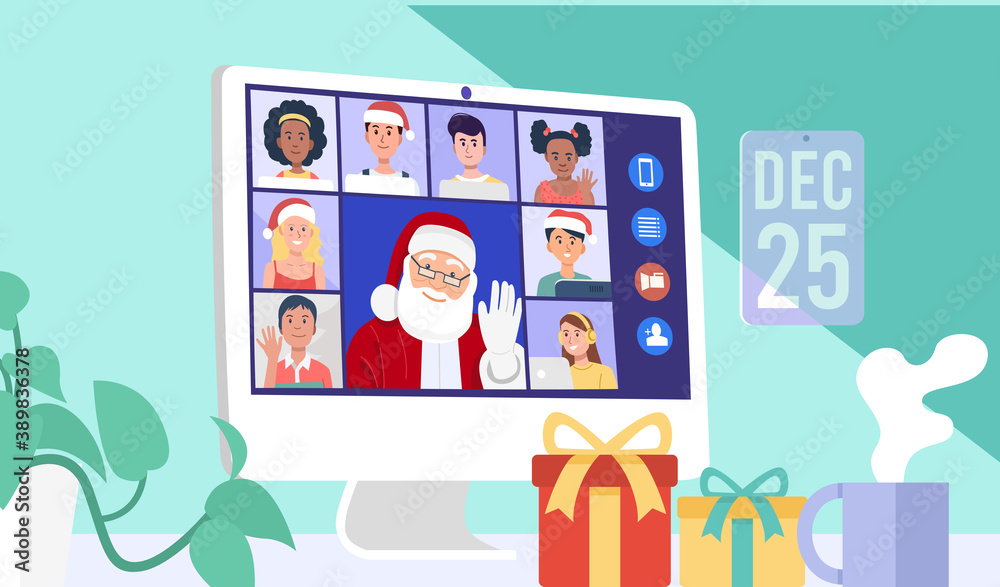 Santa Claus having video conference on computer with children at home. Vector