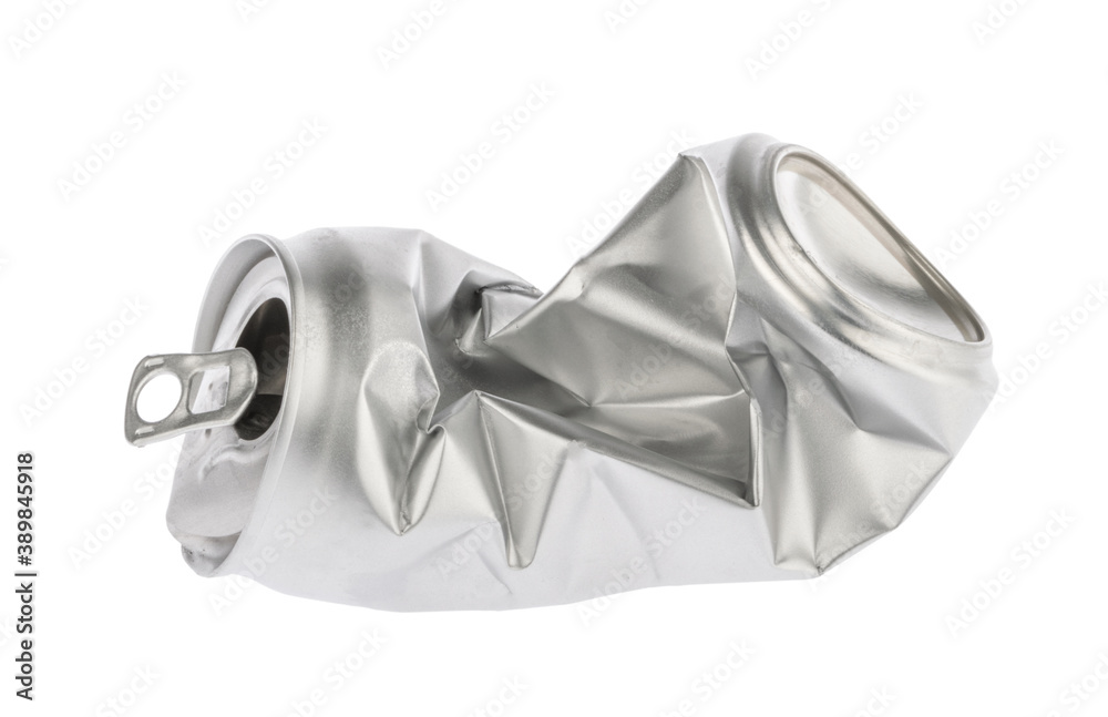 Crumpled empty blank soda or beer can garbage. Crushed junk can recycle isolated clipping path