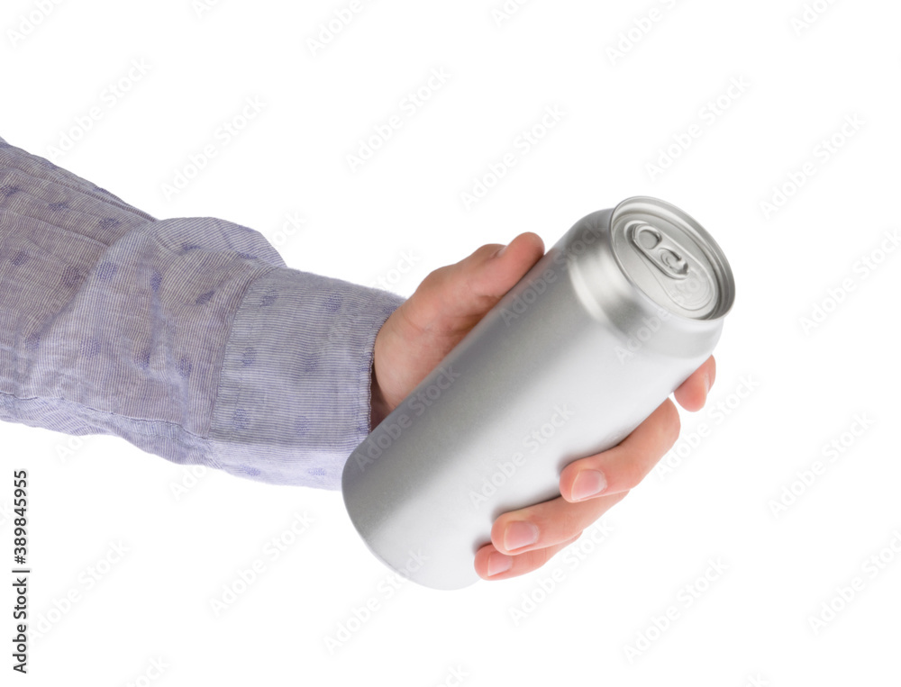 Hand holds metal beverage drink can isolated on white clipping path