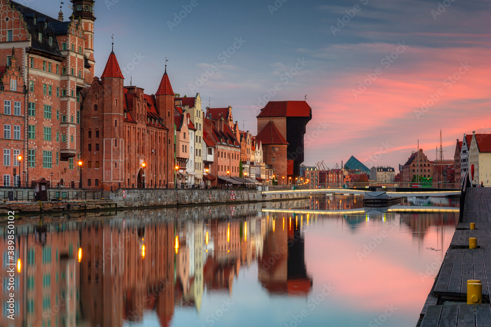 Gdansk with beautiful old town over Motlawa river at sunrise, Poland.