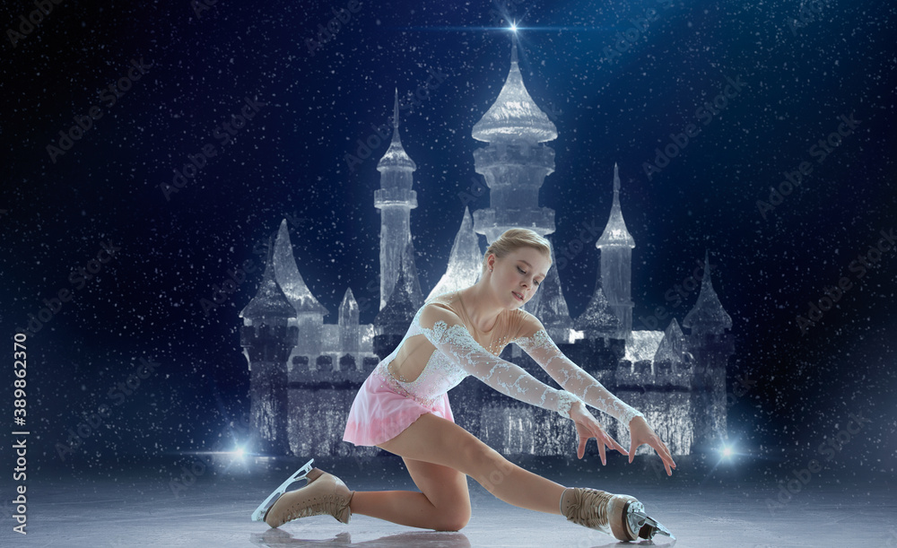 Figure skating girl in ice arena.