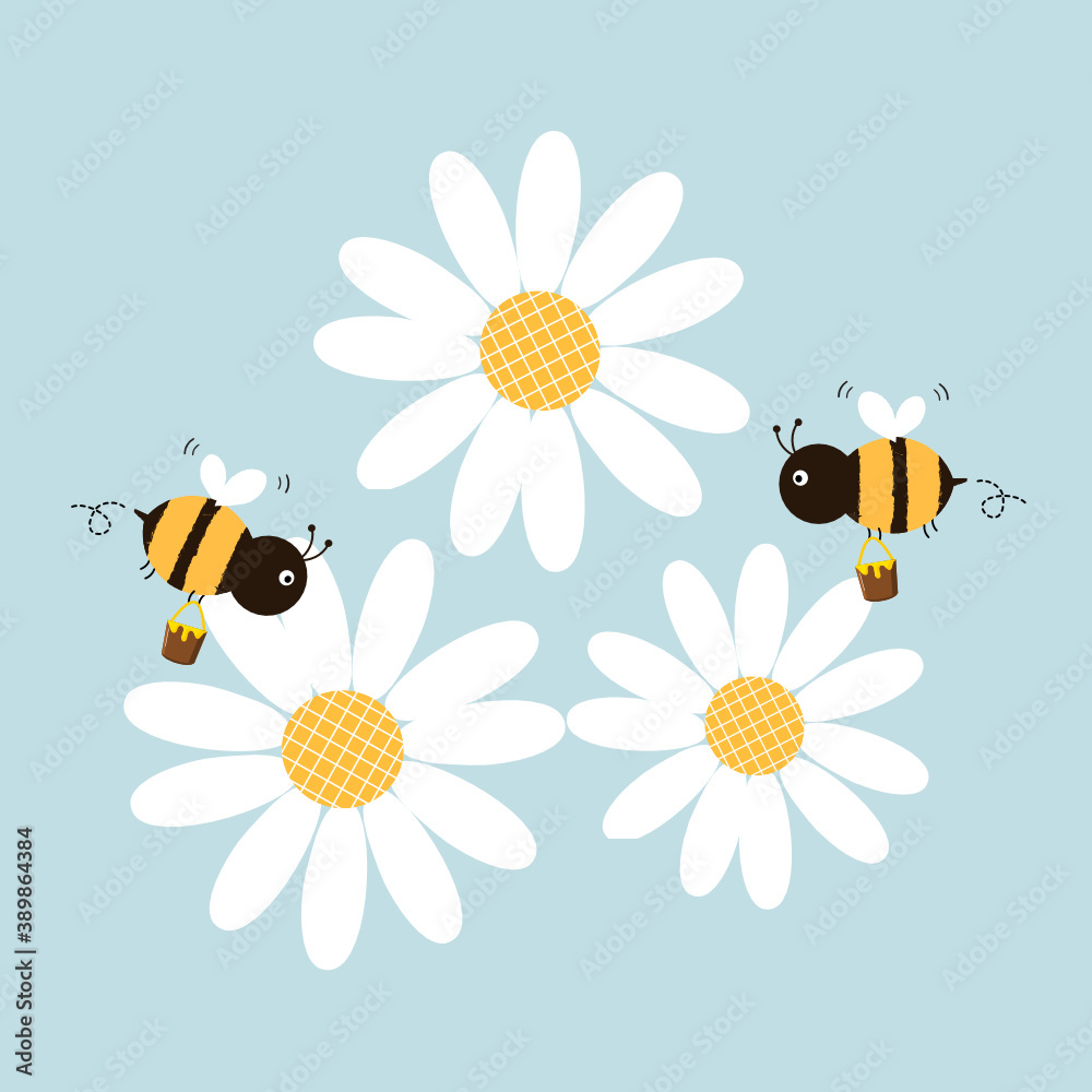 Flying bees cartoon and daisy flower on blue background vector illustration.