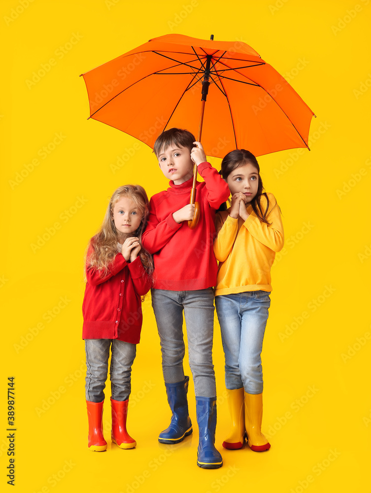 Cute little children in autumn clothes and with umbrella on color background