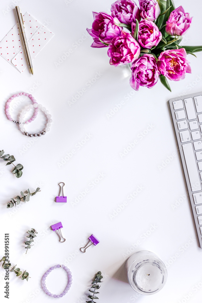 Woman office desk with flowers on white background top view mockup