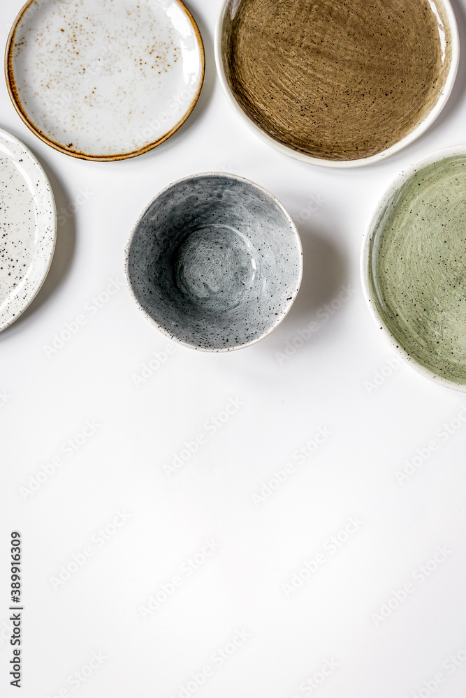 ceramic tableware top view on white background mock up