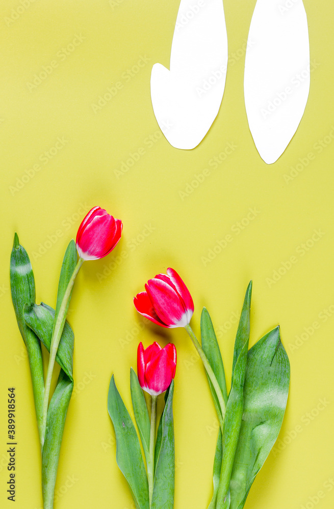 Easter concept on yellow background top view mockup