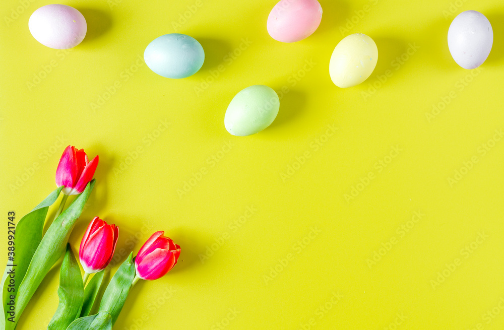 Easter concept on yellow background top view mockup