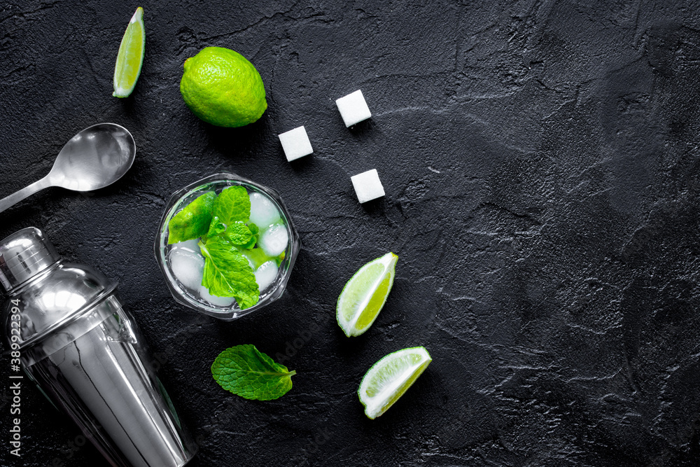 making mojito on dark background top view