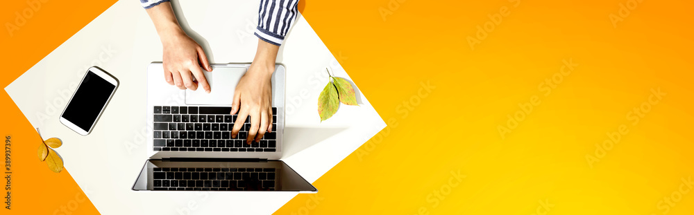 Autumn leaves with person using a laptop computer from above