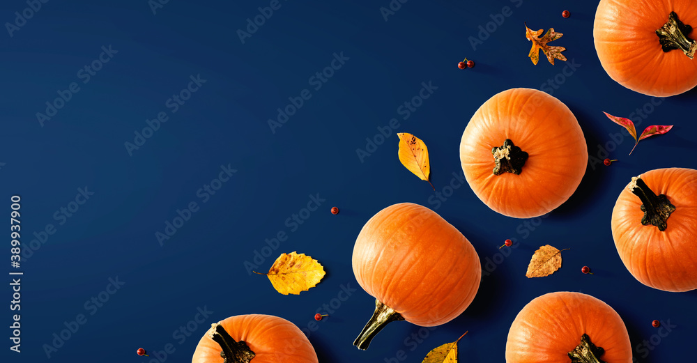 Autumn pumpkins with colorful leaves overhead view - flat lay