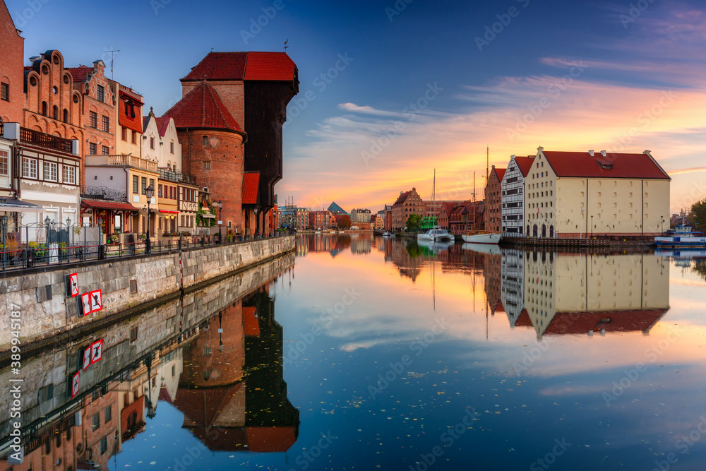 Gdansk with beautiful old town over Motlawa river at sunrise, Poland.