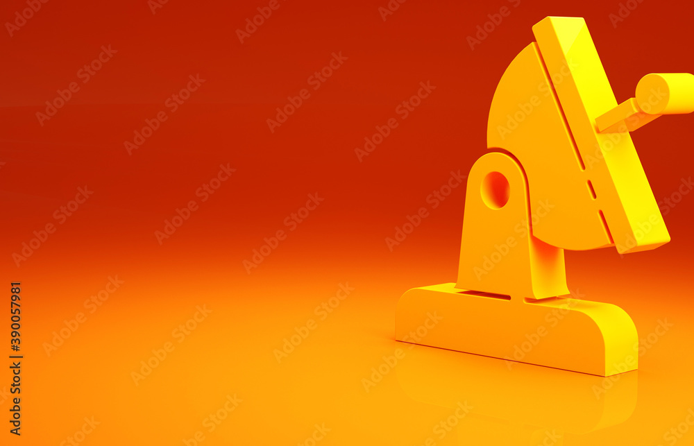 Yellow Satellite dish icon isolated on orange background. Radio antenna, astronomy and space researc