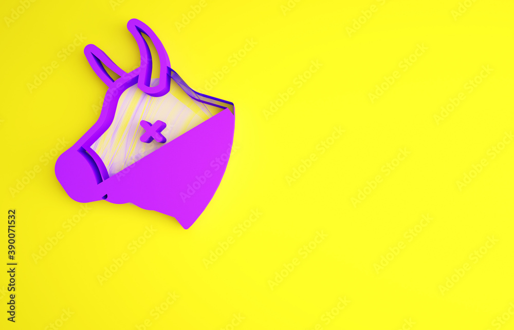 Purple Cow head icon isolated on yellow background. Minimalism concept. 3d illustration 3D render.