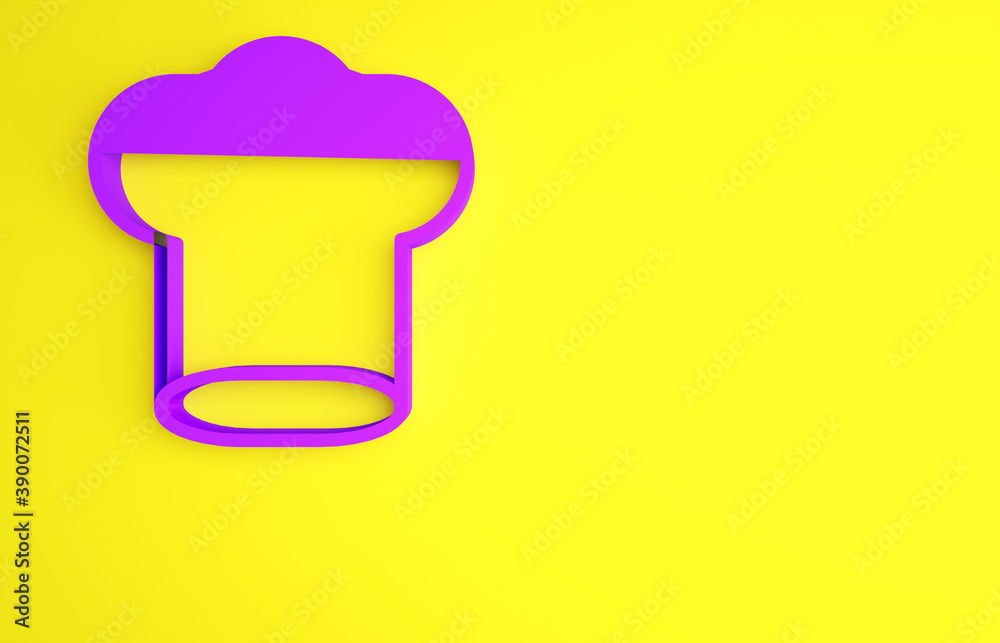 Purple Chef hat icon isolated on yellow background. Cooking symbol. Cooks hat. Minimalism concept. 3