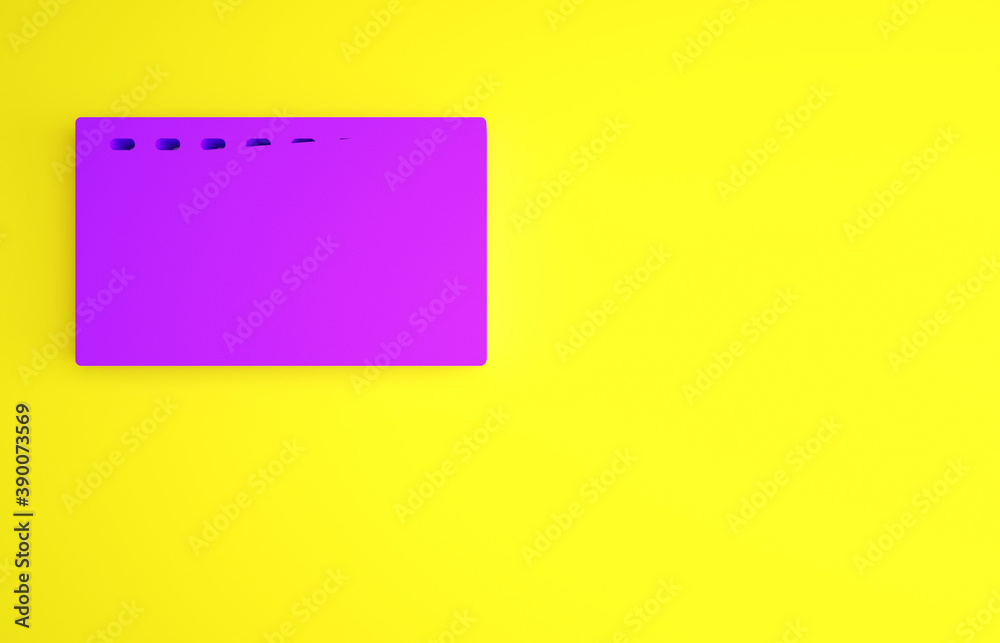 Purple Play Video with heart icon isolated on yellow background. Film strip sign. Minimalism concept