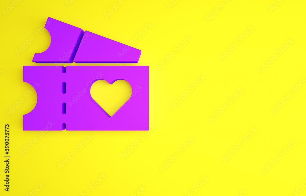 Purple Love ticket icon isolated on yellow background. Valentines day sign. Couple relationships sym