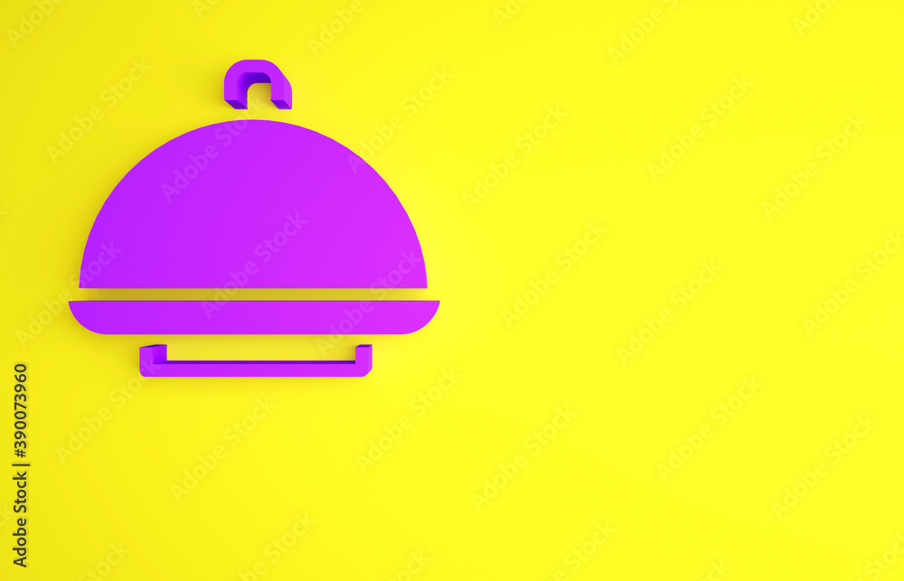 Purple Covered with a tray of food icon isolated on yellow background. Tray and lid sign. Restaurant