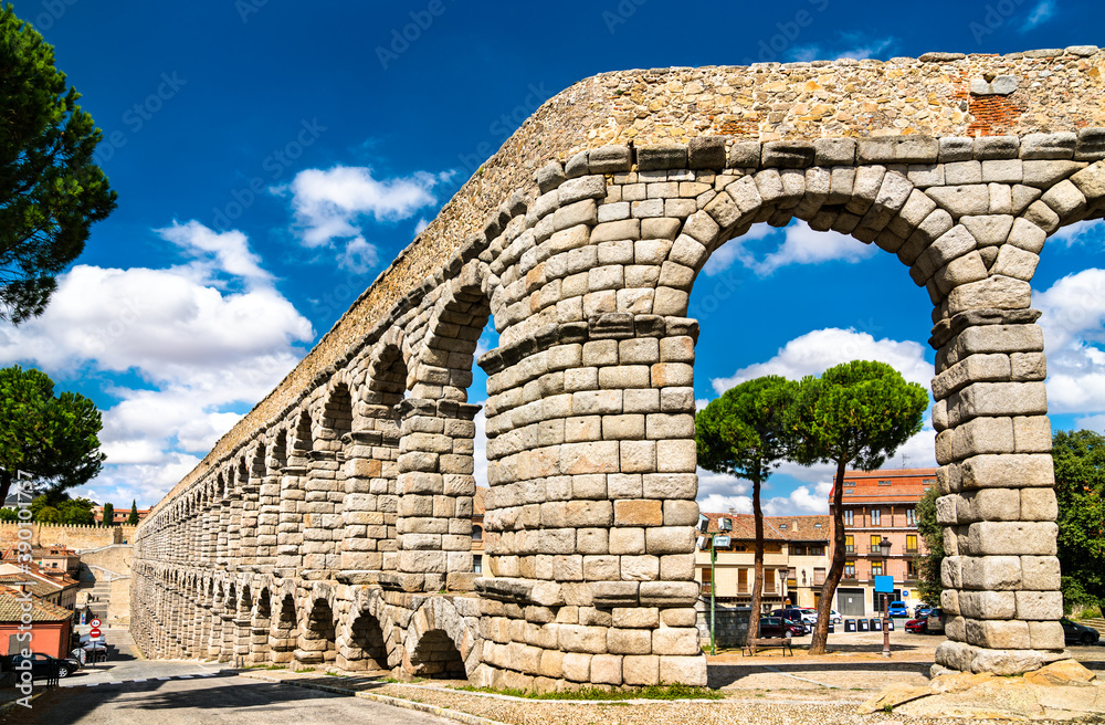 Ancient roman aqueduct of Segovia in Castile and Leon, Spain