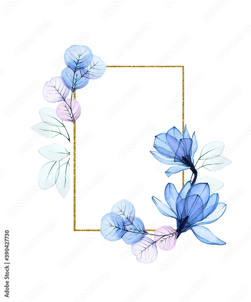 golden frame, border with watercolor transparent magnolia flowers and eucalyptus leaves. abstract tr