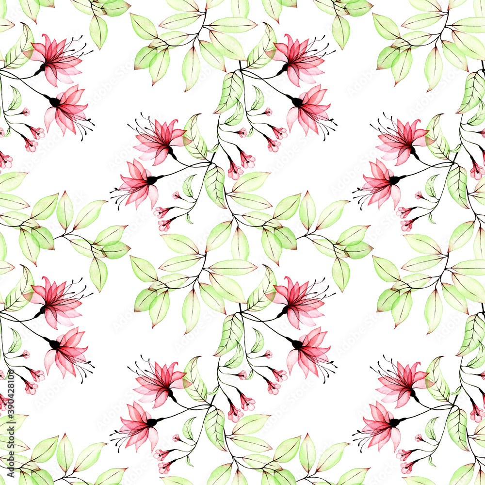 seamless pattern with watercolor transparent flowers. transparent flowers, x-ray, tropical pink hibi