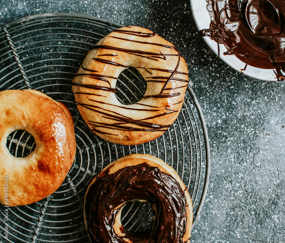 Freshly baked homemade chocolate donuts