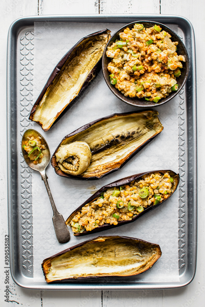 Healthy homemade roasted eggplants stuffing