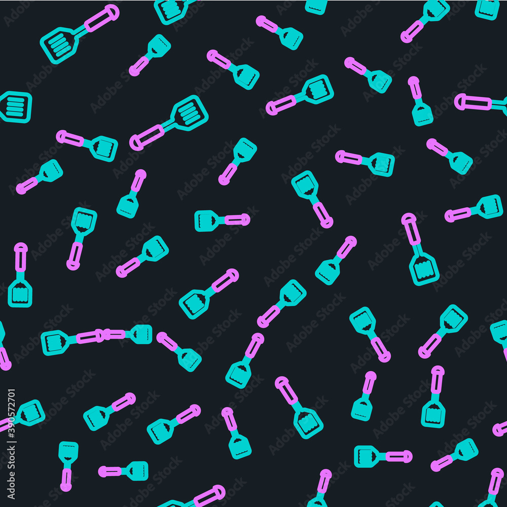 Line Spatula icon isolated seamless pattern on black background. Kitchen spatula icon. BBQ spatula s